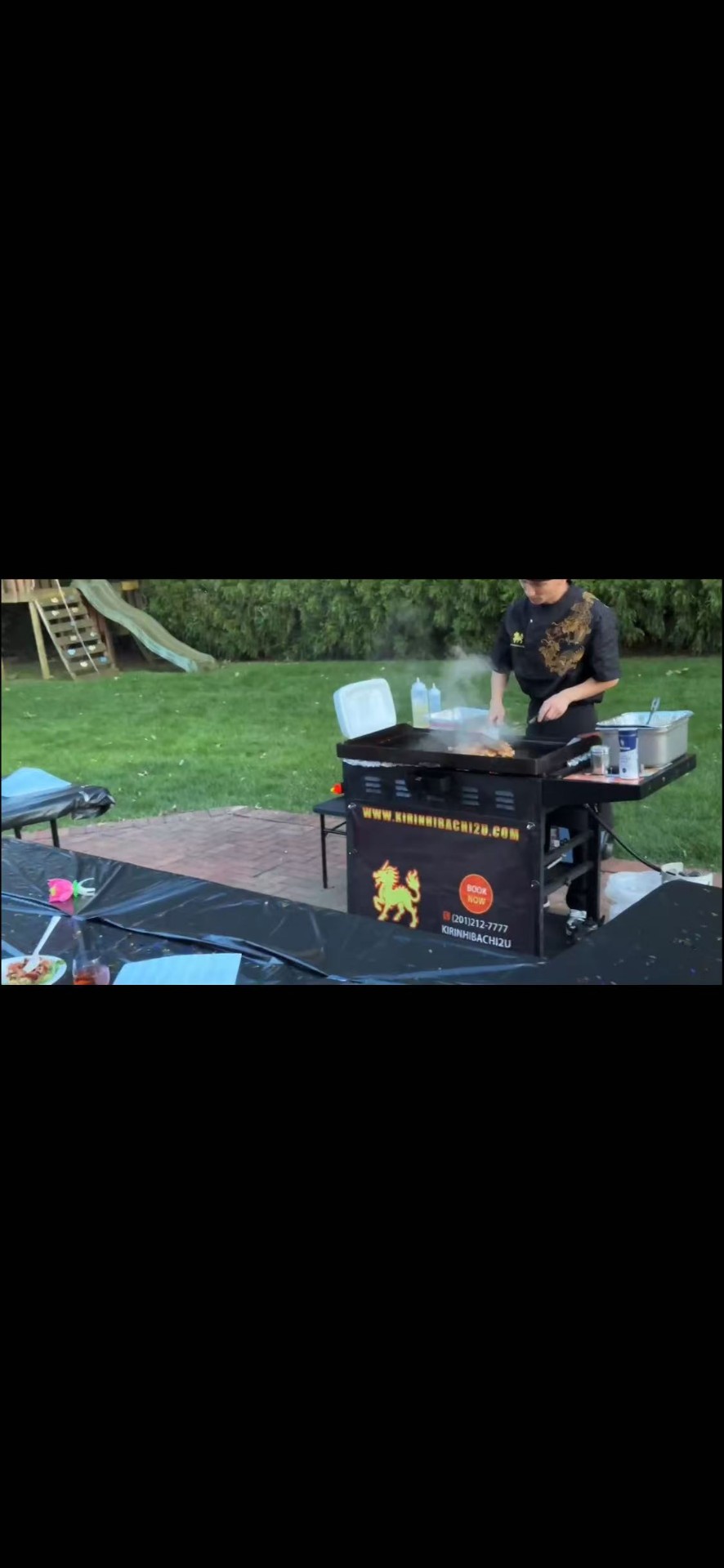 Kirin Hibachi Catering chef grilling on the Blackstone in a backyard
