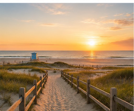 Delaware coastal boardwalk and Atlantic shoreline at sunset