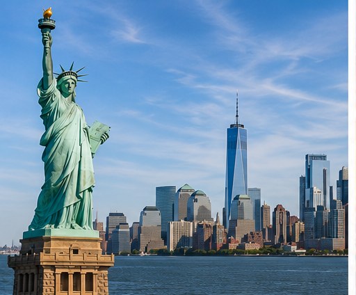 Statue of Liberty with the Manhattan skyline at golden hour