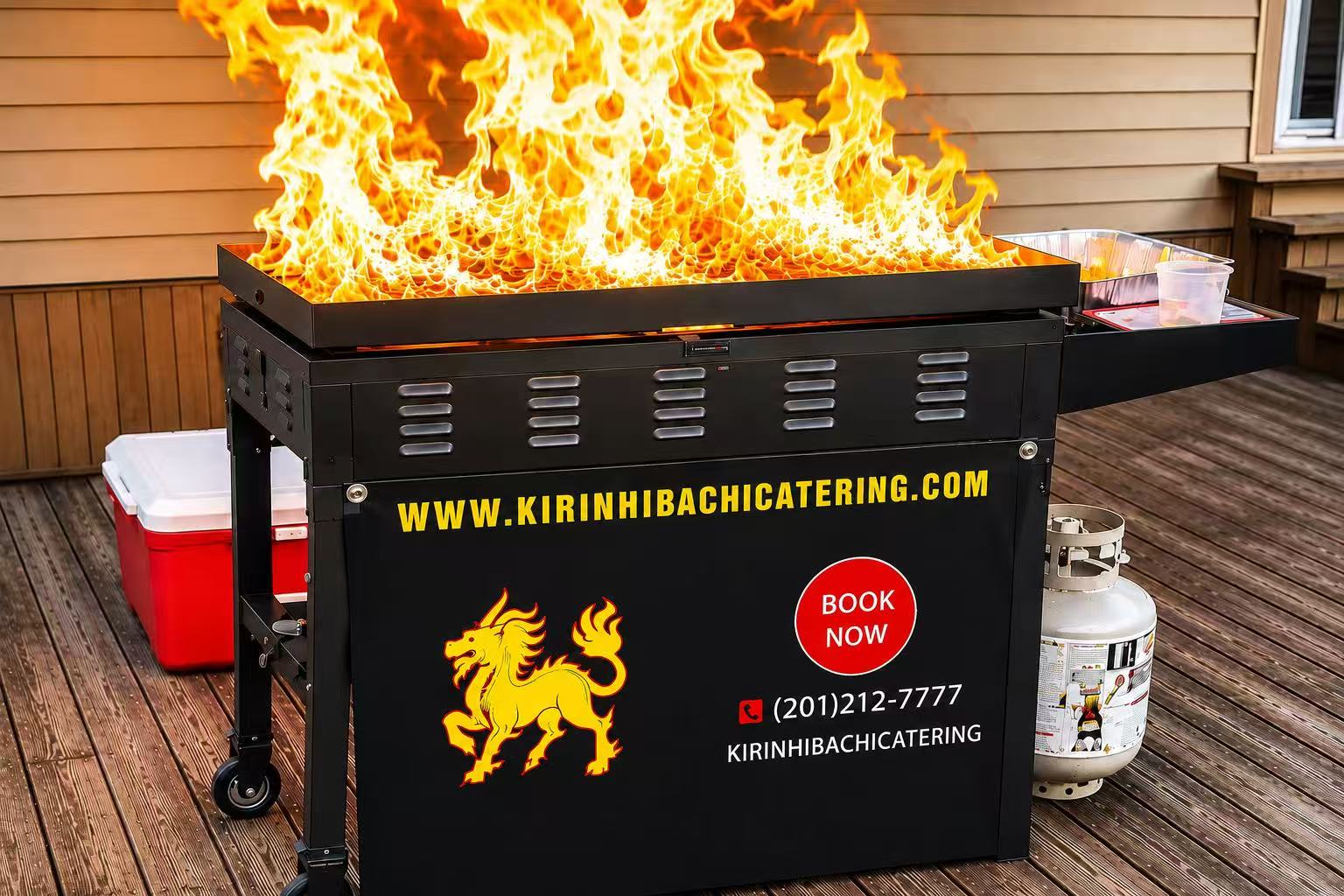 Kirin Hibachi Catering branded portable grill with live fire show flames