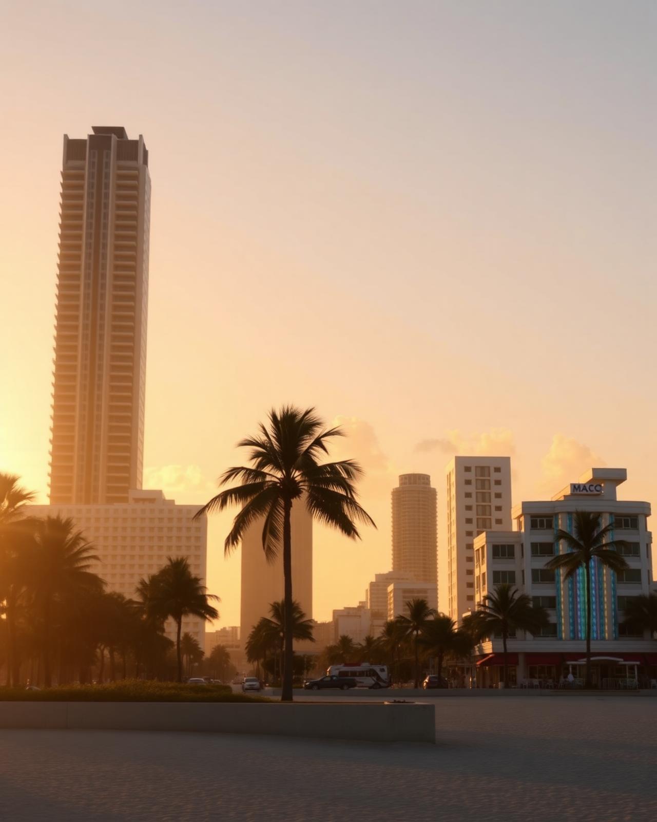 Miami South Beach skyline with palm trees at sunset