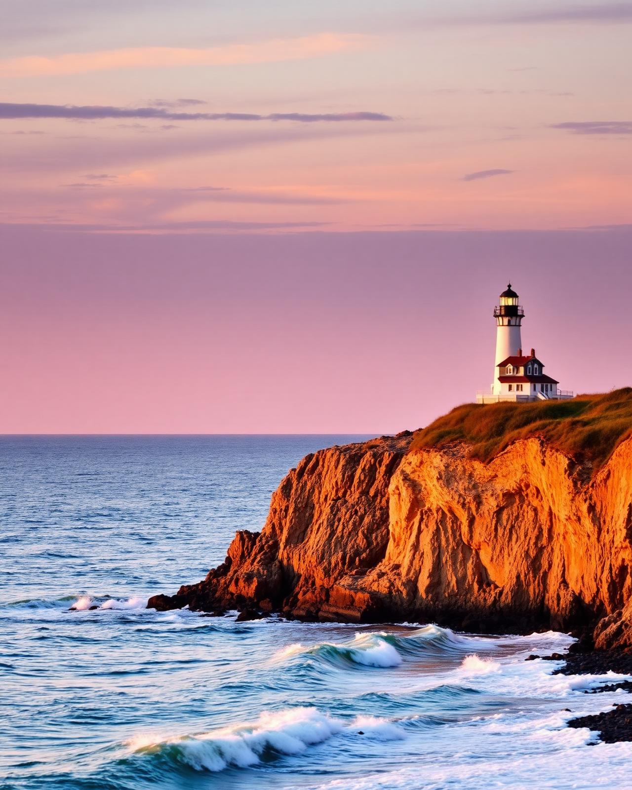 Montauk Point lighthouse on the Long Island coast at sunset