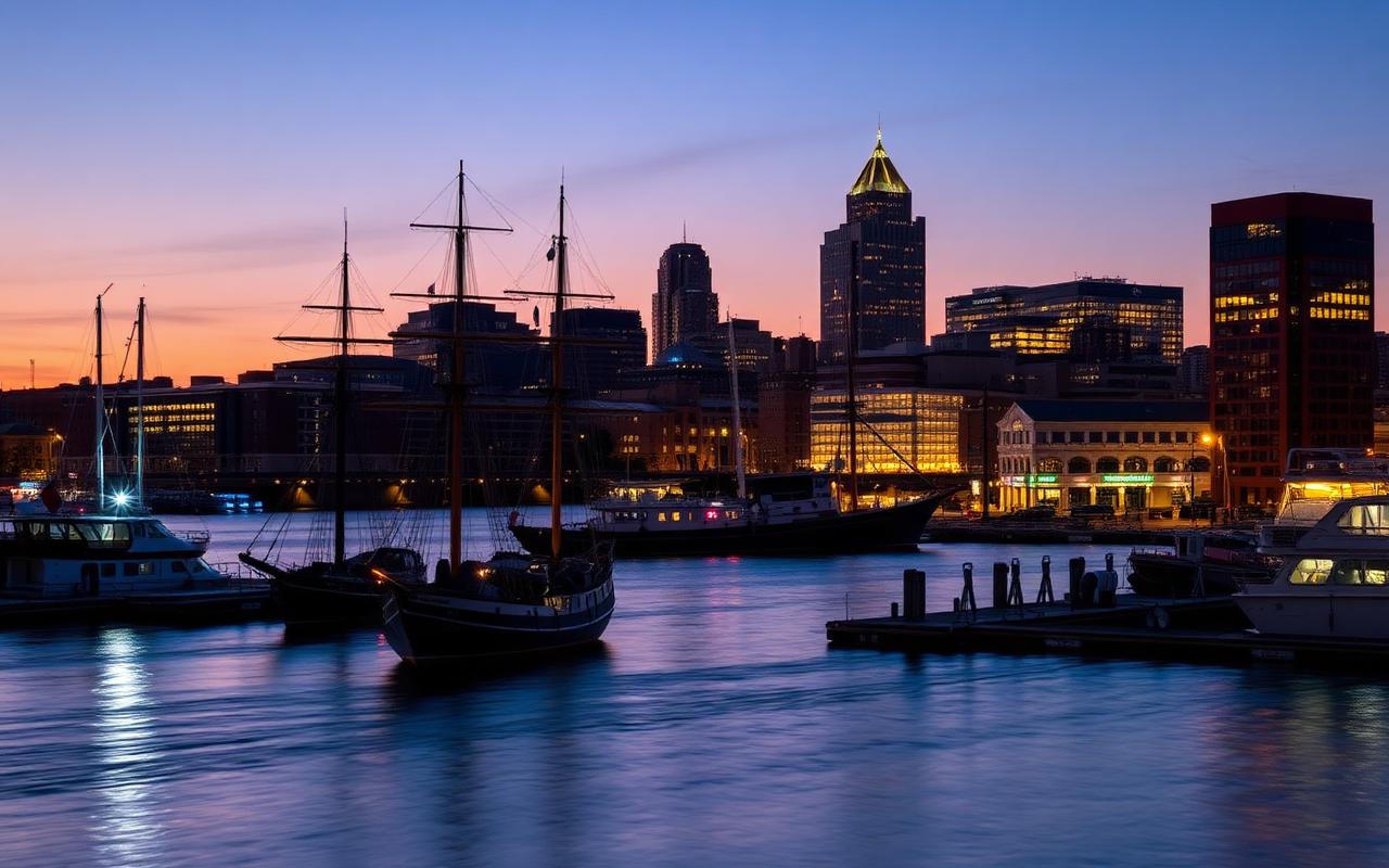 Baltimore Inner Harbor skyline at dusk